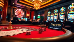 Naga99 players enjoying a thrilling casino experience at a luxurious poker table, highlighting excitement and big wins.