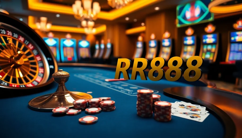Experience thrilling action at RR88 casino with vibrant poker chips and roulette.