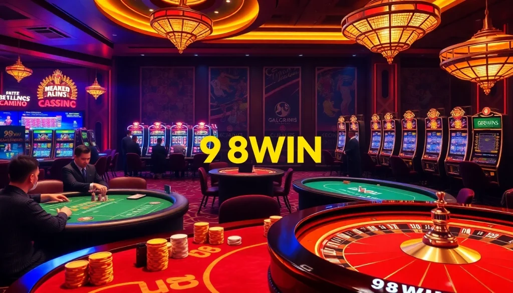 Experience excitement at 98WIN casino with dynamic gaming tables, roulette wheels, and engaged players.