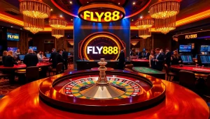 Experience FLY88's thrilling action with vibrant roulette and excited players in a luxury casino.