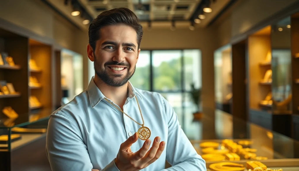 Il compro oro esperto che valuta gioielli d'oro con attenzione nel negozio moderno.