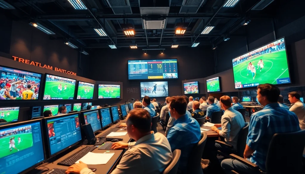 Engaged technicians in a control room for Sports Broadcasting events with vibrant screens.