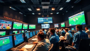 Engaged technicians in a control room for Sports Broadcasting events with vibrant screens.