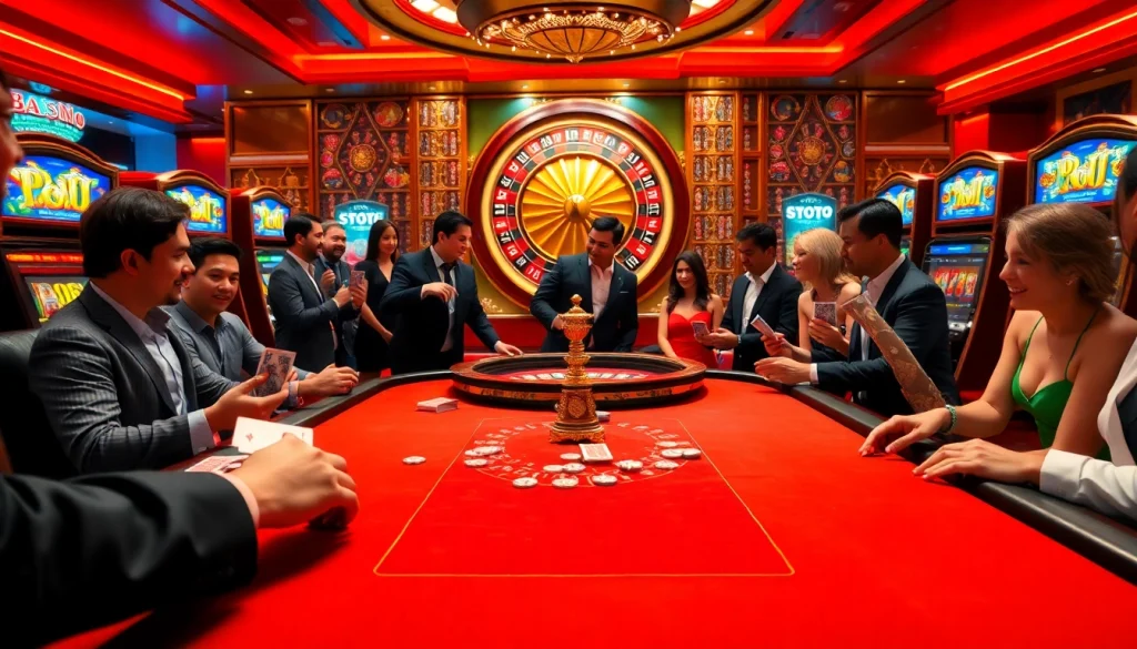 A thrilling gaming moment at a casino table highlighting nhà cái vua99, with players engaged in poker under bright lights.
