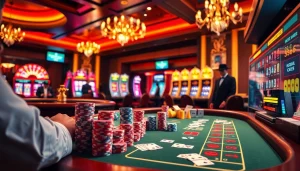 Experience excitement at https://tg88co.com/ with vibrant casino scenes showcasing poker and roulette games.