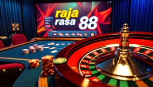 Experience the thrill of raja 88 with vibrant casino elements, poker chips, and roulette wheel.