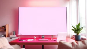 Engaging workspace with a pink screen as the centerpiece, promoting creativity and calm.