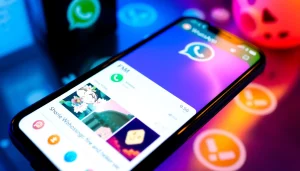 FM WhatsApp download interface displayed on a smartphone showcasing vibrant themes and customization features.