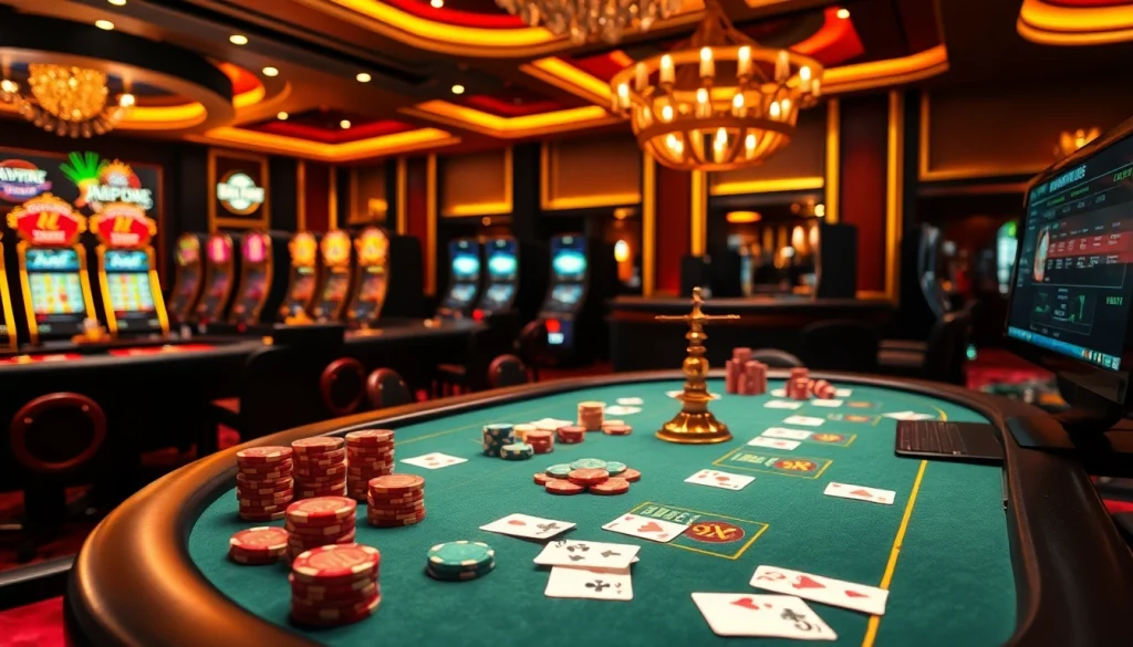 Exciting poker table scene with colorful chips and luxurious ambiance at https:/sc88.bz/ casino.