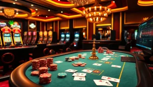 Exciting poker table scene with colorful chips and luxurious ambiance at https:/sc88.bz/ casino.