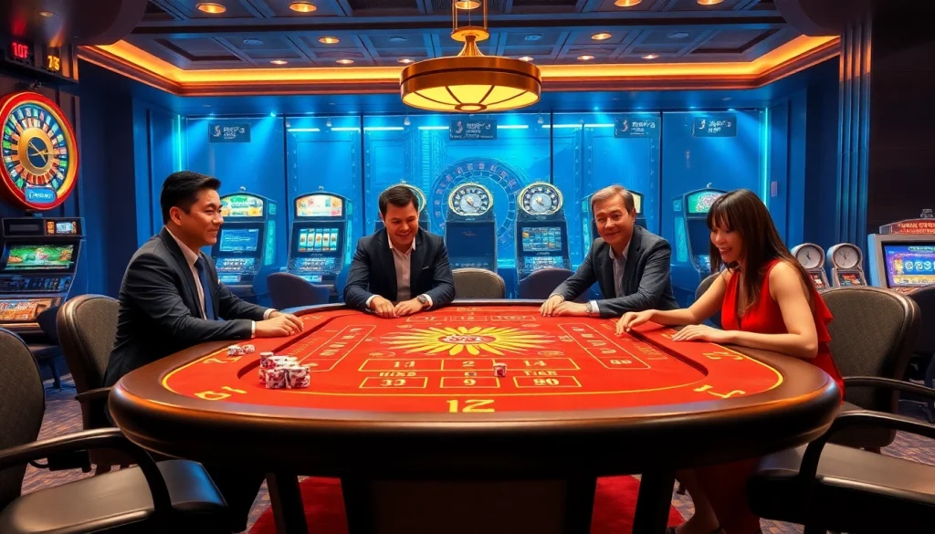 Exciting players enjoying tài xỉu online at a vibrant casino table with vibrant game elements.