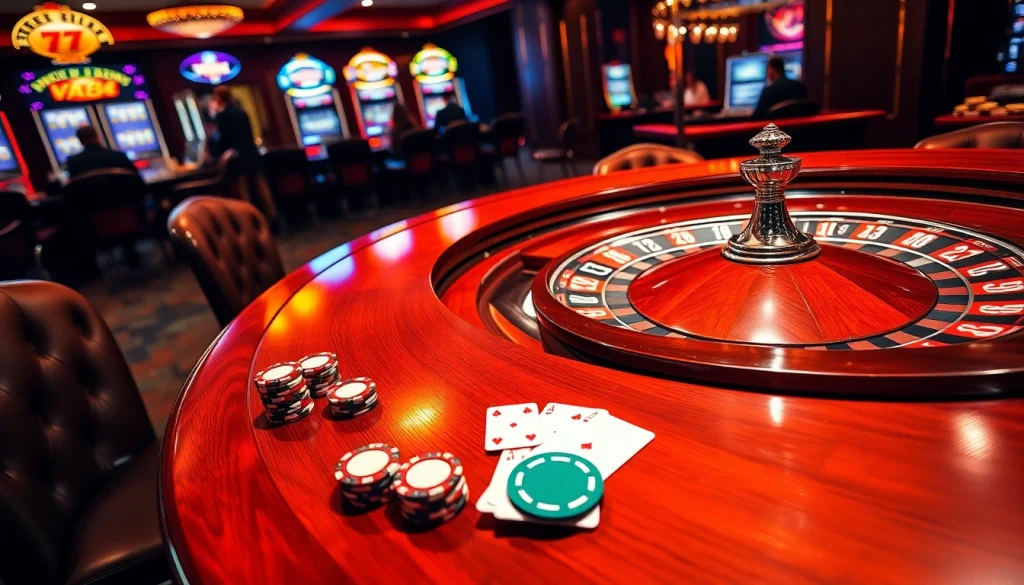 VB88 poker chips and cards on a glamorous casino table filled with excitement.