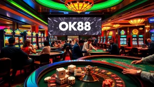 Experience the excitement of gambling at OK88 casino with vibrant tables and players.