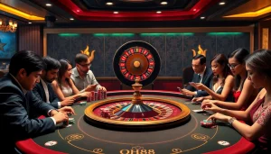 Players engaging at an exciting QH88-themed casino table, showcasing vibrant poker chips and a roulette wheel.