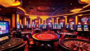 Vibrant scene at 789BET featuring excited players at poker tables and slot machines.