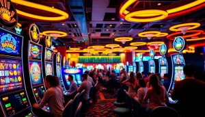 Permainan slot depo 1k yang seru dengan mesin slot berwarna-warni dan pemain yang bersemangat.