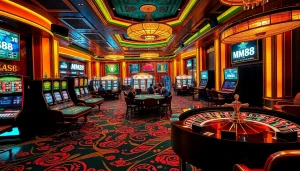 Thrilling gaming scene at MM88 casino with players and slot machines, emphasizing excitement.