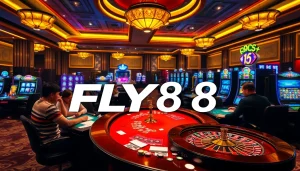 FLY88 casino scene with vibrant tables, players, and glowing slot machines