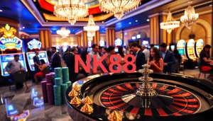 Players enjoying a thrilling game at a NK88 casino table surrounded by vibrant gambling elements.