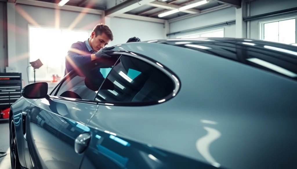 Apply auto window tint near me for a sleek and stylish vehicle transformation in a professional garage.