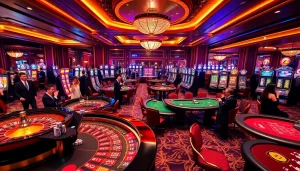 Exciting casino scene with tables displaying KJC poker and roulette games, vibrant atmosphere.