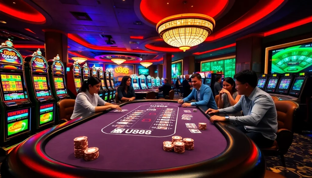 Join the excitement at U888 with players engaged at a professional casino table filled with chips and cards.