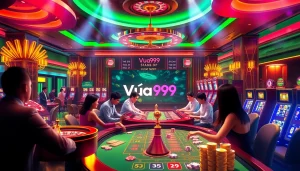 Players enjoying games at nhà cái Vua99 casino, featuring vibrant tables and slot machines.