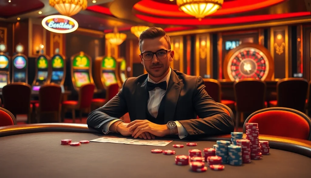 Experience the thrill of gambling at https://febet8.com with a vibrant casino scene featuring poker, roulette, and slot machines.