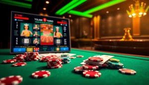 Experience the thrill of Tk88 chính thức with vibrant casino visuals featuring poker, roulette, and luxury.