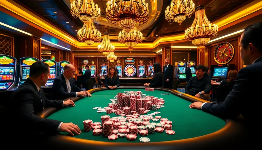 Experience high-stakes gaming with SODO poker chips and cards set in a vibrant casino.