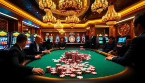 Experience high-stakes gaming with SODO poker chips and cards set in a vibrant casino.