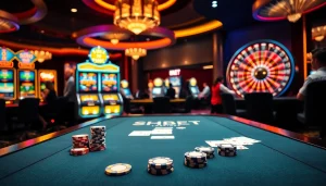 Players enjoying an intense game at SHBET casino with vibrant slot machines and a roulette wheel.