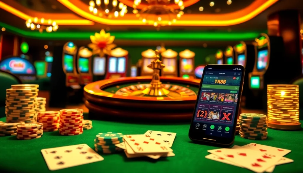 Engage in the tr88 game at a vibrant online casino table filled with exciting betting options and glowing roulette wheels.