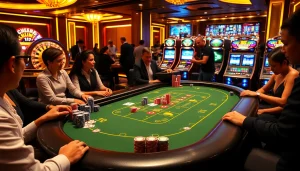 BJ38 gaming table showcasing high-stakes action with players surrounded by colorful chips and cards