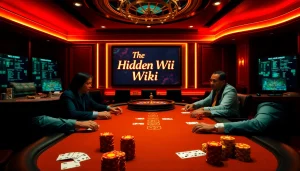 Exciting gaming action at a casino with The Hidden Wiki branding and vibrant poker games.
