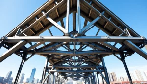 Showcasing a steel structure design in a modern cityscape highlighting architectural details.