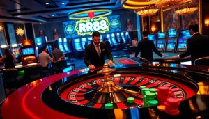 Players engaged in thrilling games at RR88 casino with vibrant roulette and poker tables.