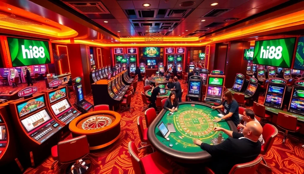 High-energy casino scene showcasing Hi88 gaming tables and slot machines in an exciting atmosphere.