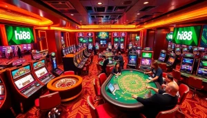 High-energy casino scene showcasing Hi88 gaming tables and slot machines in an exciting atmosphere.