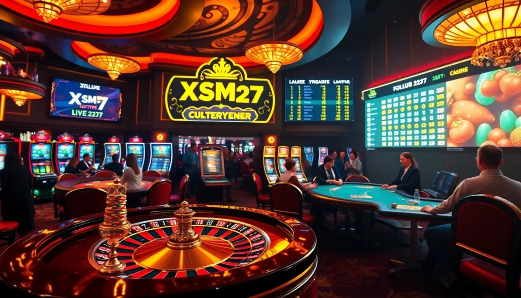 XSMB 247 live lottery results displayed in an upscale casino with vibrant games and players.