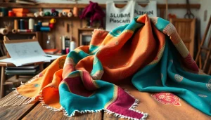 View of punta di roma stof in vibrant fabric designs showcased on a rustic table.