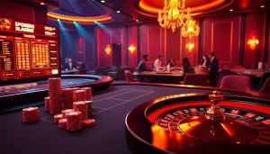 Experience the excitement of gambling at the official hidden wiki's luxurious casino scene with vibrant poker chips and roulette.
