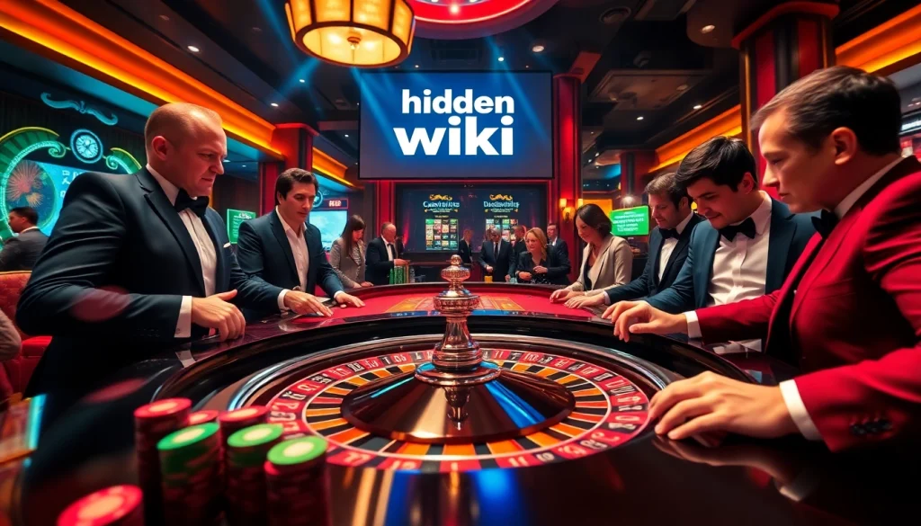 Gambling strategies at a vibrant roulette table in a casino, featuring hidden wiki themes.