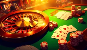 Experience the thrill of gambling at ev88.com with poker chips and a roulette wheel in play.