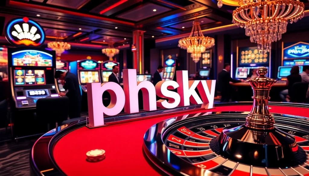 Experience thrilling gameplay at phsky's luxurious casino featuring vibrant slot machines and elegant poker tables.