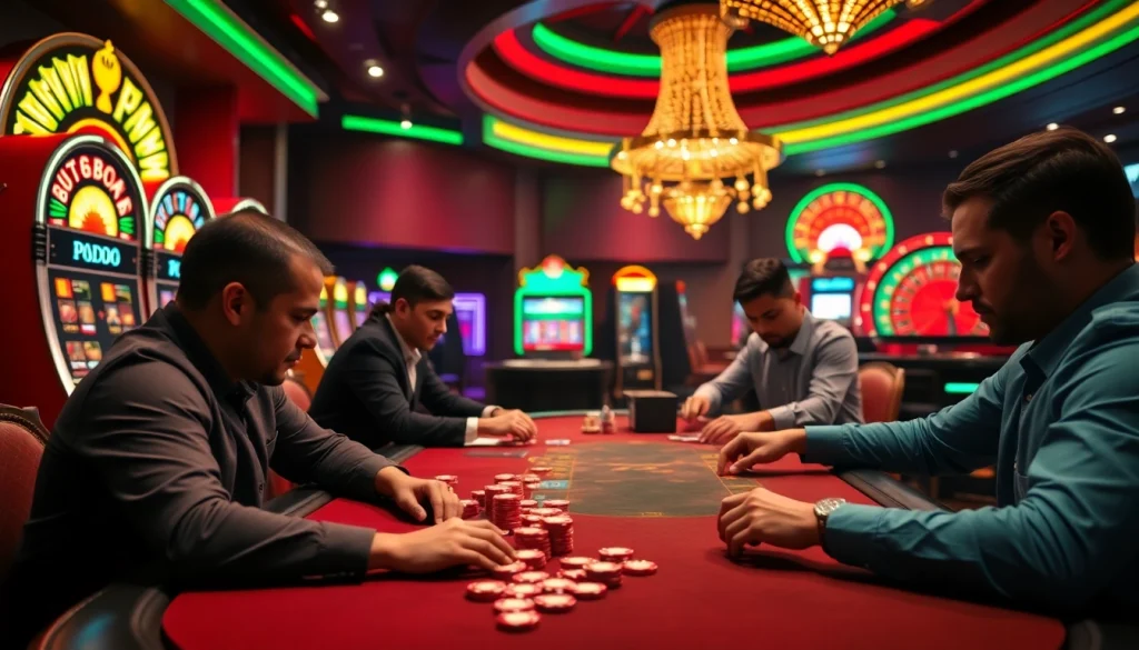 SODO66 players engaged at a high-stakes poker table, surrounded by bright slot machines and a spinning roulette wheel.