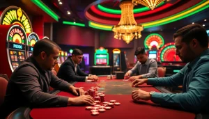 SODO66 players engaged at a high-stakes poker table, surrounded by bright slot machines and a spinning roulette wheel.