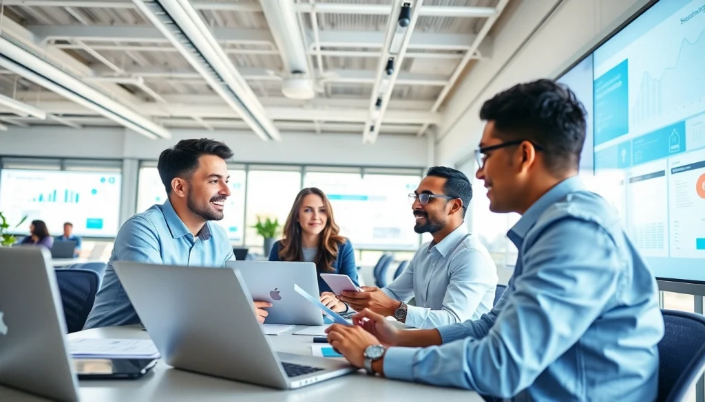 在现代工作空间中协同使用 WPS Office 软件的专业人士。