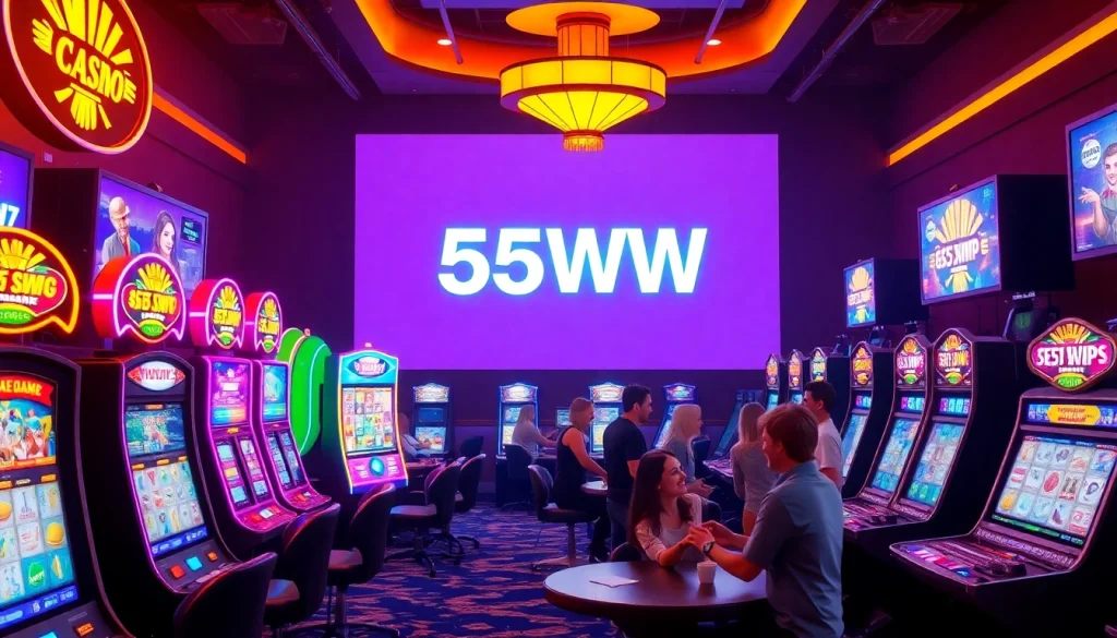 Exciting 55WW online casino scene with vibrant slot machines and players enjoying games.