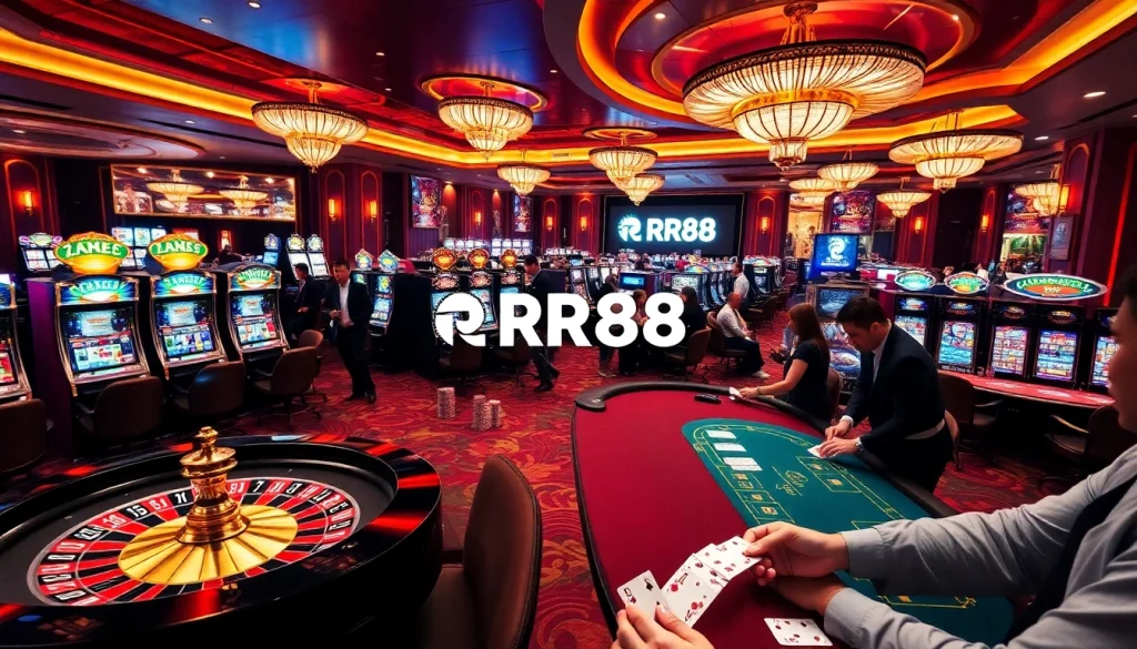 Experience RR88 at a vibrant casino with roulette, poker, and slot machines.
